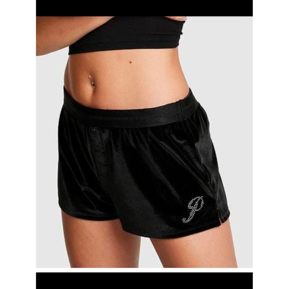 PINK Victoria's Secret Black Velvet Lounge Shorts with Rhinestone 'P'